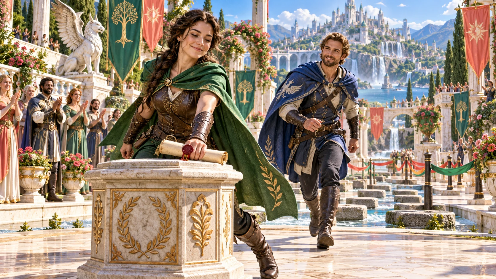 Two capable fantasy adventurers finish a contest for a sealed scroll in a sunlit courtyard while onlookers applaud.