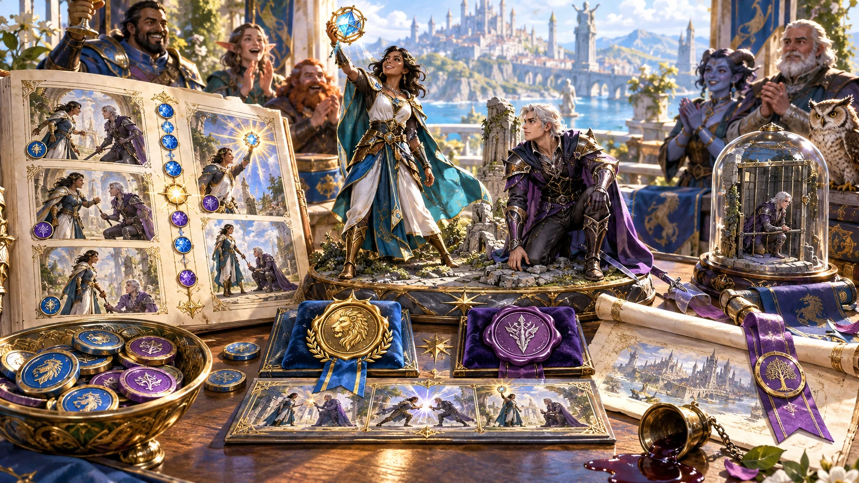 A completed fantasy showdown is illustrated in an open scene book beside two capable contenders and supportive witnesses.