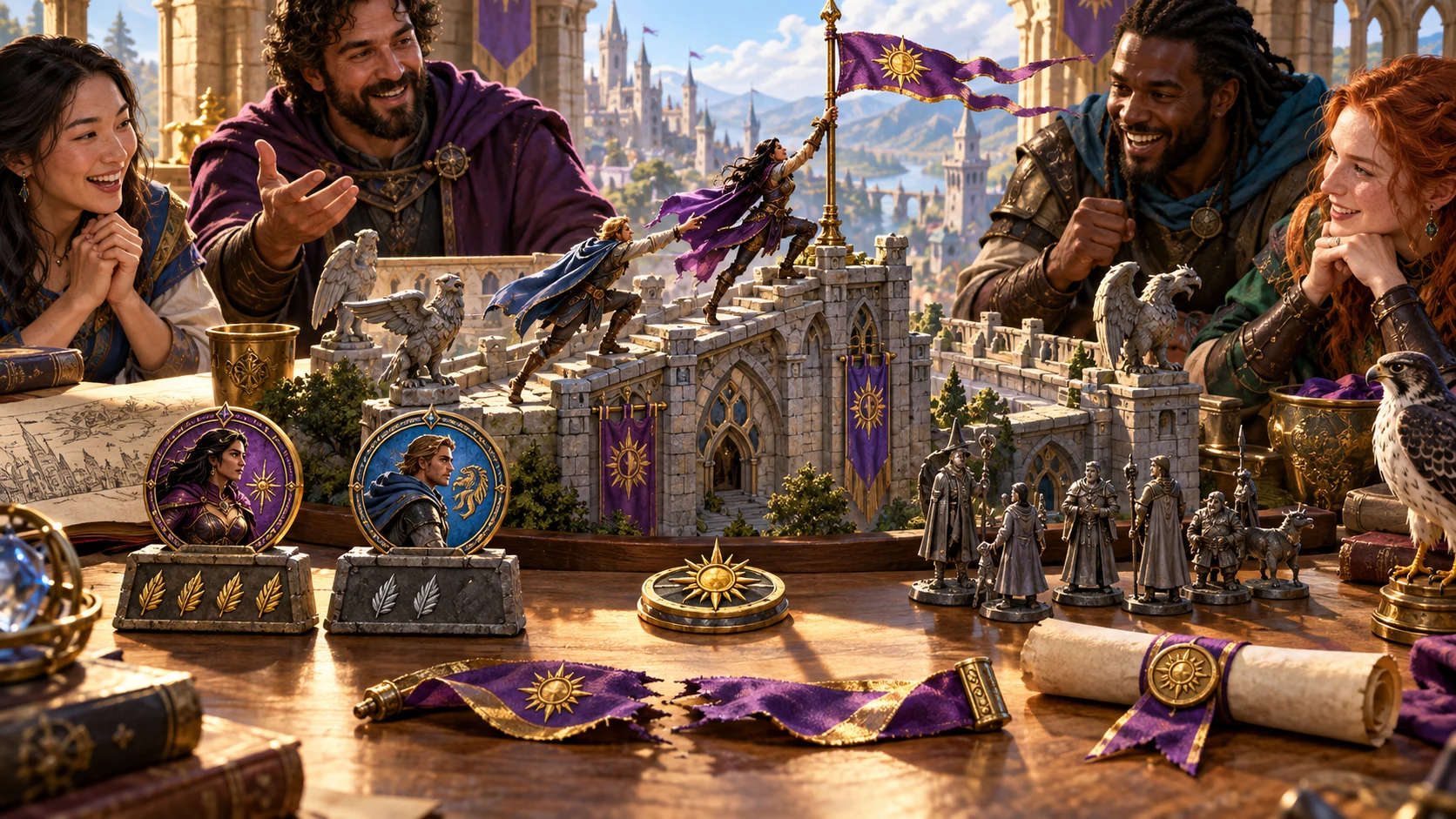 Companions review two contenders reaching for a banner on a miniature castle scene with participant portraits and tokens.
